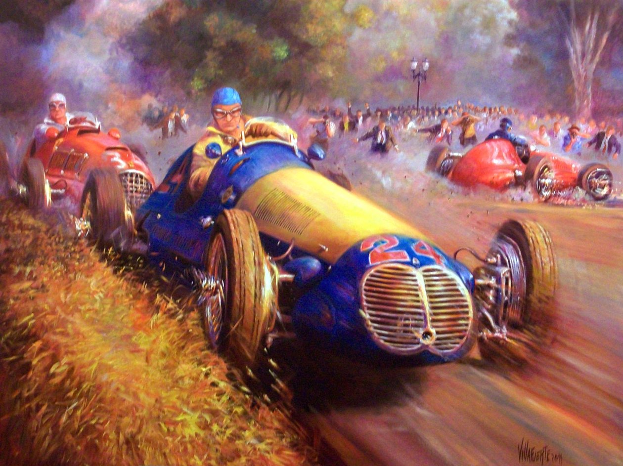 Juan Manuel Fangio prowadzący Maserati 4Cl Las Palermo Buenos aires autorstwa Jose Maria Villafuerte