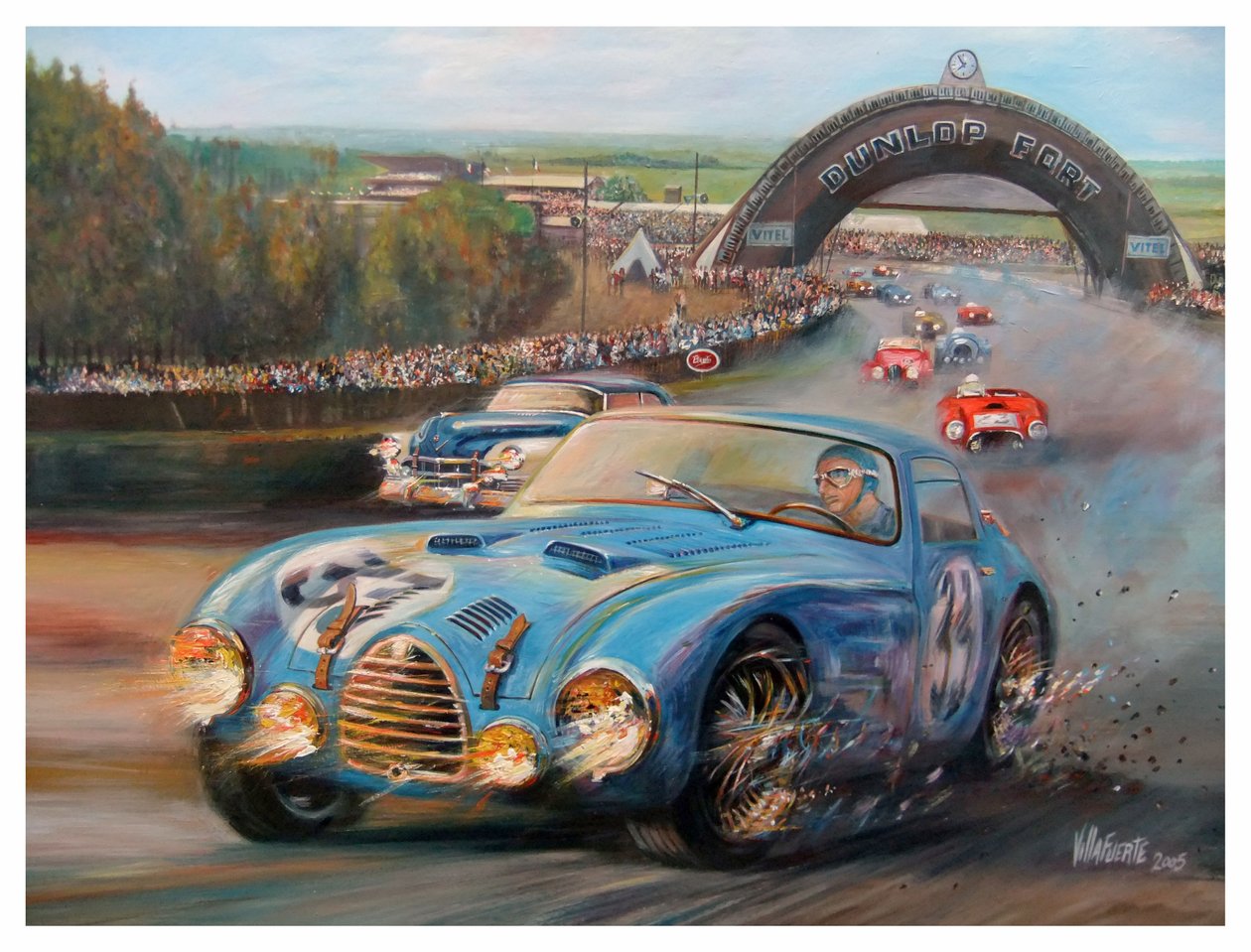 John Manuel Fangio w Le Mans 1950 Gordini Typr 18S (akryl na płótnie) autorstwa Jose Maria Villafuerte