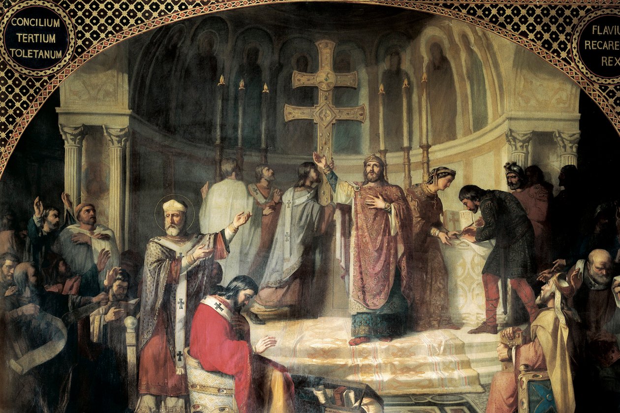 Trzeci Sobór Toledo w 589, któremu przewodniczył Izydor z Sewilli (malarstwo) autorstwa Jose Marti y Monso