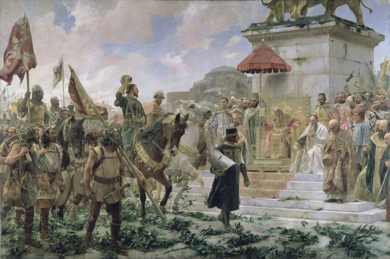 Przybycie Rogera de Flor (1280-1307) do Konstantynopola w 1303 r. z 8000 "Almogavares" służących cesarzowi bizantyjskiemu w bitwie z Turkami, 1888 r. autorstwa Jose Moreno Carbonero