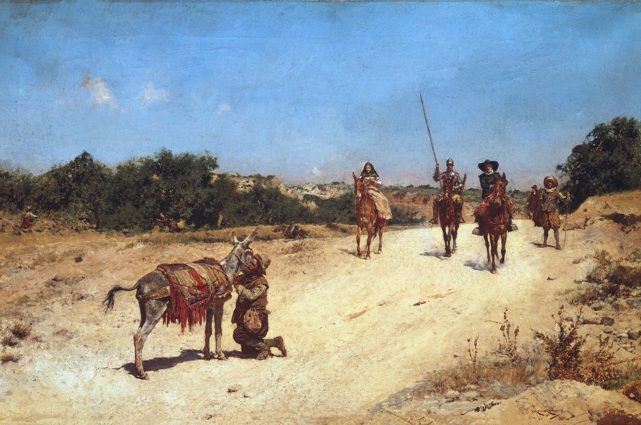 Spotkanie Sancho Pansy i jego osła Rucio, Ilustracja Don Kichota, ok. 1878 (olej na płótnie) autorstwa Jose Moreno Carbonero