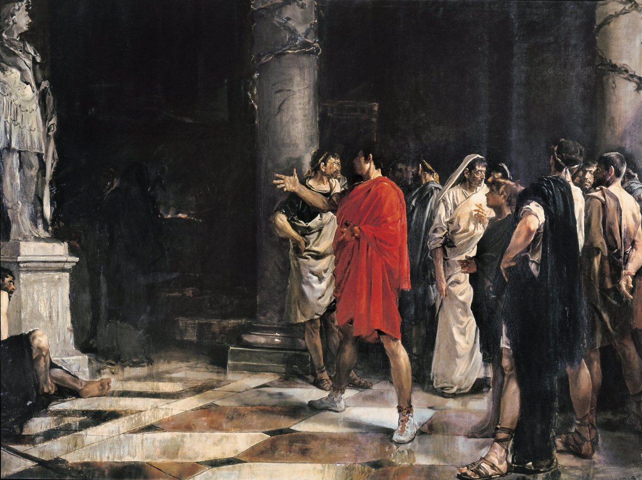 Jules Cesar (Caius Iulius Caesar) (101-44 pne) stojący przed posągiem Aleksandra Wielkiego w świątyni Herkulesa z Kadyksu (Gadir) (olej na płótnie) autorstwa Jose Morillo Ferrada