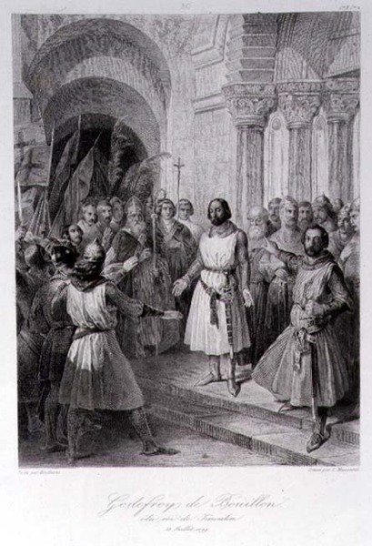 Godfrey z Bouillon (ok.1060-1100) wybrany na króla Jerozolimy, grawerowany przez Leopolda Massarda (1812-89) (grawerowanie) autorstwa Jose de (after) Madrazo y Garreta