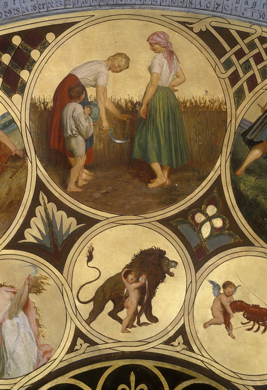 Kalendarium praskiego zegara astronomicznego – lipiec 1865-66 (olej na płycie miedzianej) autorstwa Josef Mánes