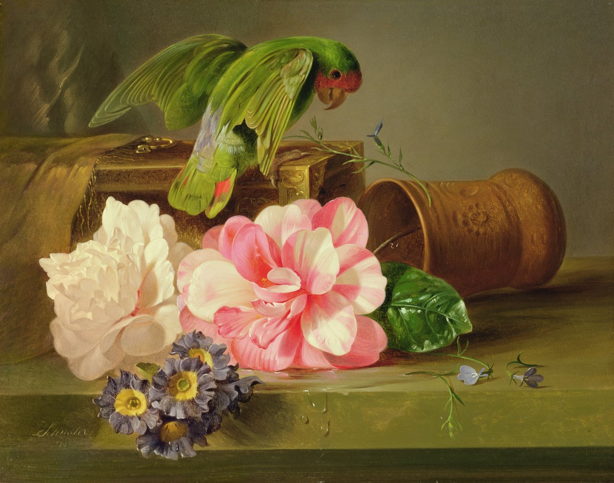 Martwa natura z papugą, 1879 autorstwa Josef Schuster