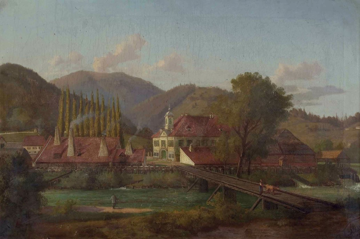 Teren fabryki nad rzeką autorstwa Josef von Schlogl