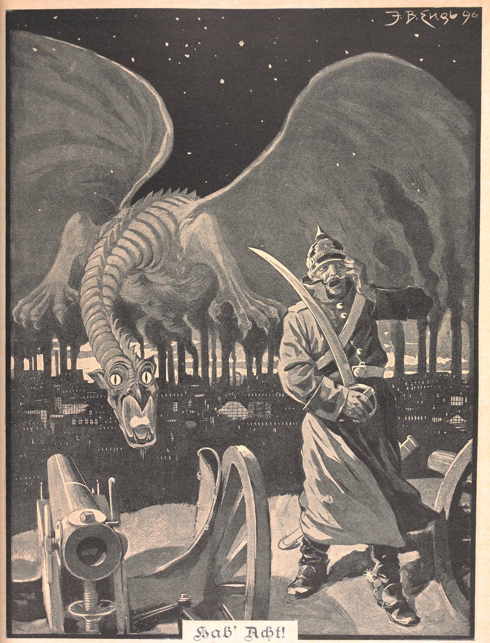 Rysunek do wiersza „Jak noc”. Smok wytwarzany przez dym z fabryk, za niemieckim żołnierzem. Surrealistyczna scena. autorstwa Josef Benedikt engl