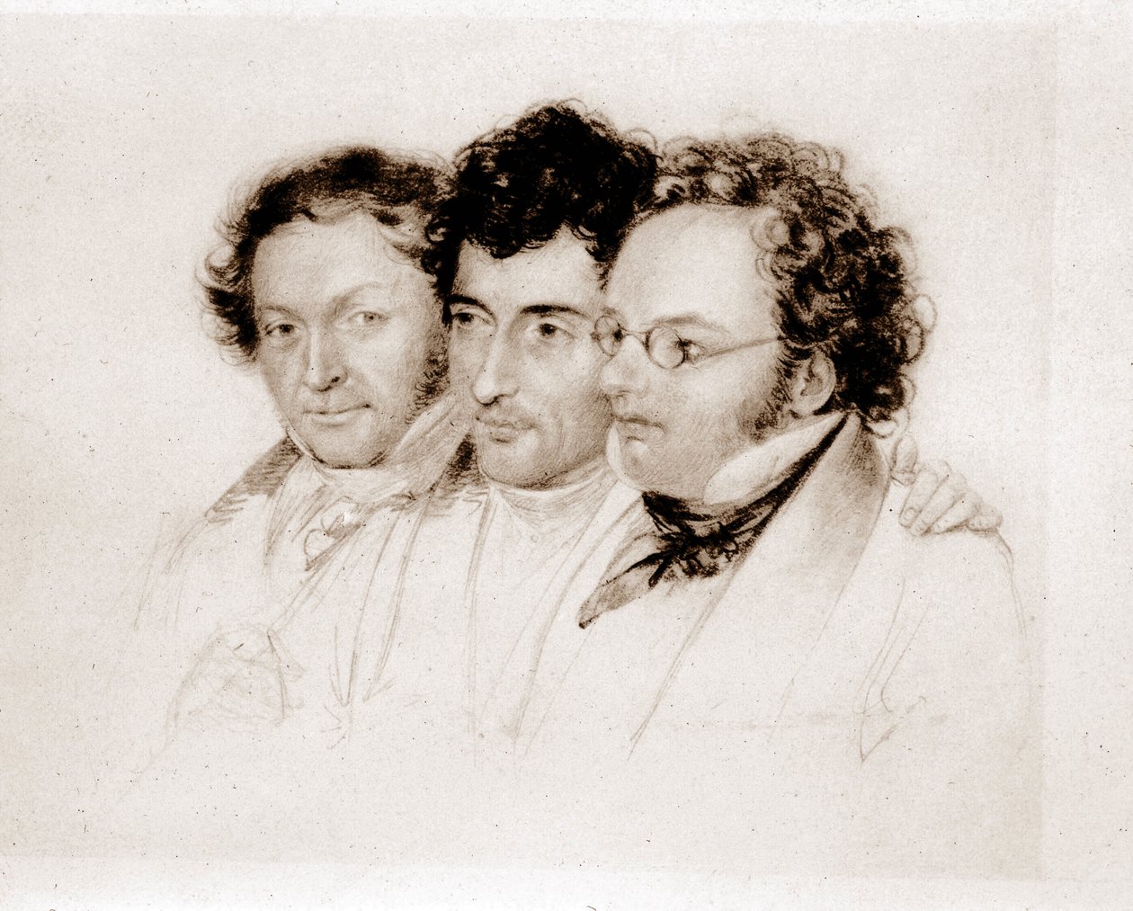Od lewej do prawej: Jenger, Httenbrenner i F. Schubert. Acquarelle firmy Feltscher. autorstwa Josef Eduard Teltscher