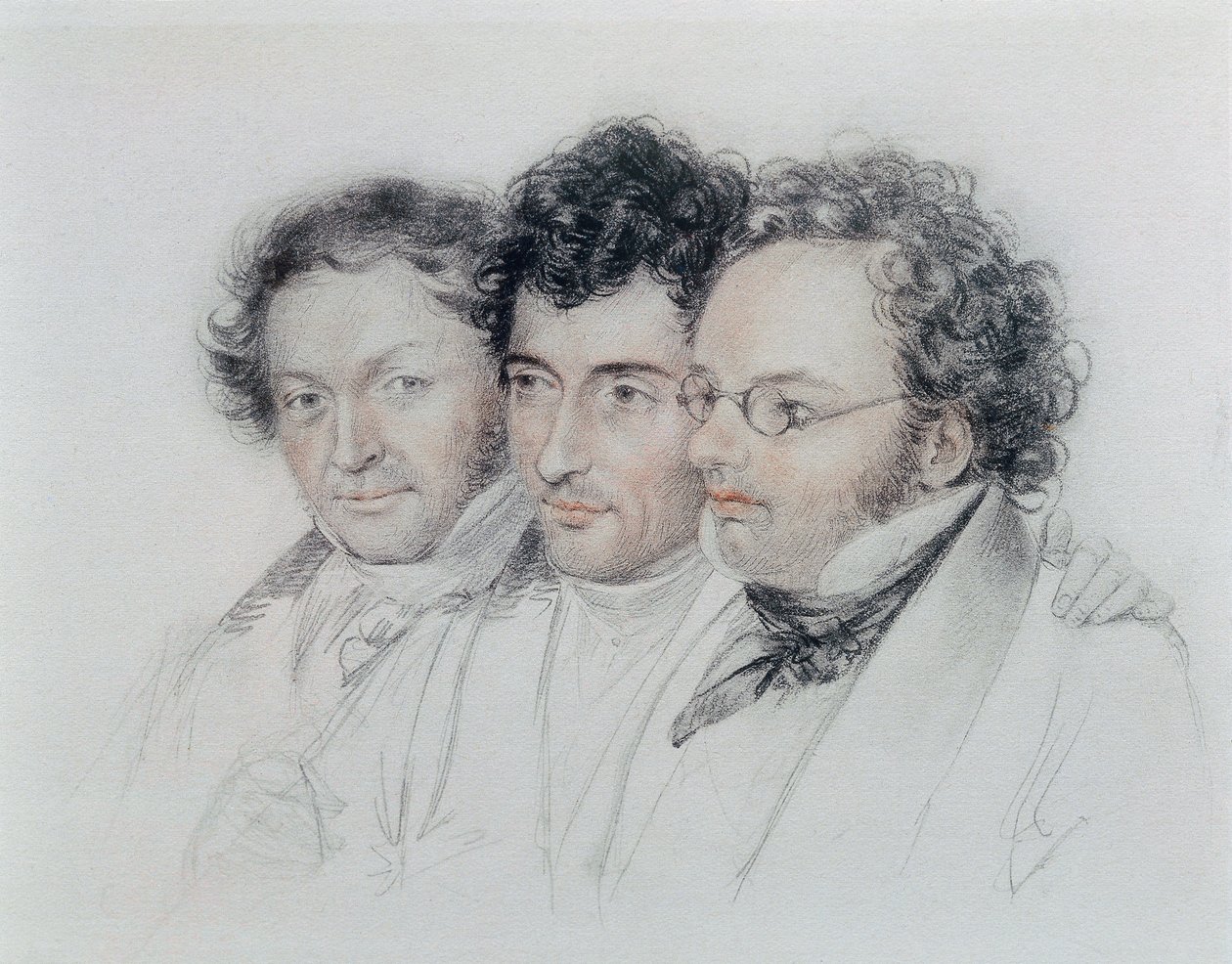 Od lewej do prawej przyjaciele kompozytorów Johann Baptist Jenger (1793-1856), Anselm Huttenbrenner (1794-1868) i Franz Schubert (1797-1828), pastel Josefa Teltschera autorstwa Josef Eduard Teltscher