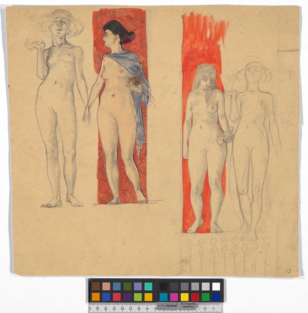 Vier Frauenakte (Studie zum Ferdinand Raimund Zyklus im Schloss Kogl, Attergau?) autorstwa Josef Engelhart