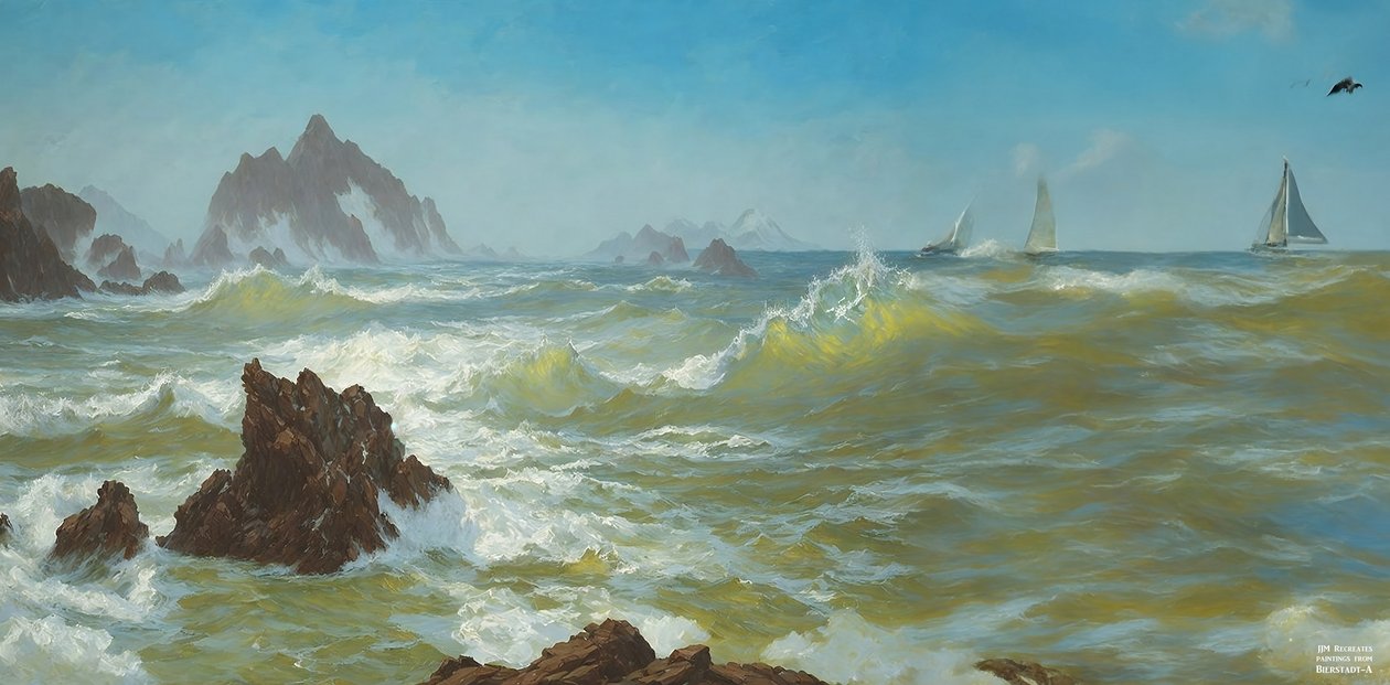 JJM odtwarza Bierstadt-A: Seal Rock California (z żaglowcami) autorstwa Josef Johann Michel