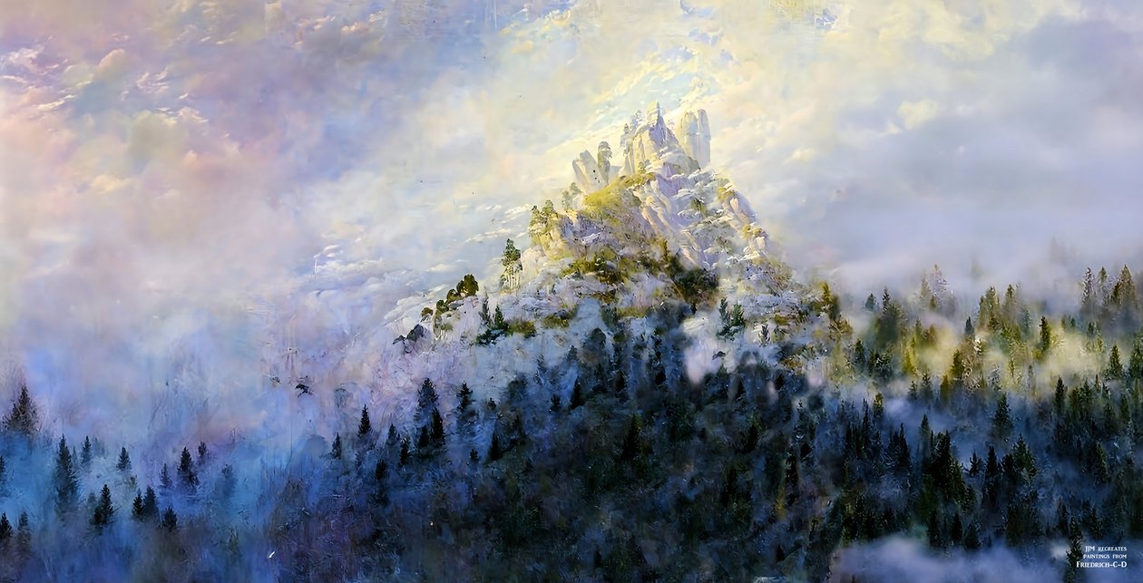 JJM odtwarza Friedrich-C-D: Poranna mgła w górach (panorama) autorstwa Josef Johann Michel