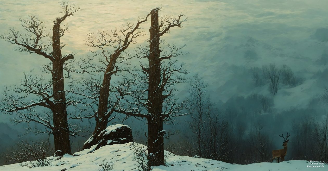 JJM odtwarza Friedrich-C-D: Stos kamieni na śniegu (panorama) autorstwa Josef Johann Michel