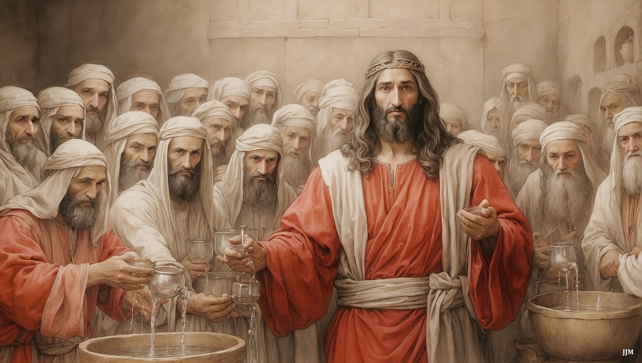 Jezus_mówi sługom_napełnić dzbany wody_Wesele w Kanaanie_03 autorstwa Josef Johann Michel