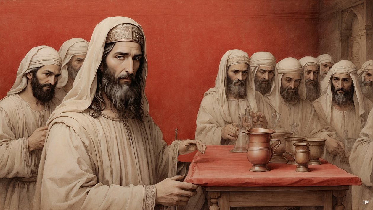 Jezus_mówi sługom_napełnić dzbany wodą_Wesele w Kanaanie_04 autorstwa Josef Johann Michel