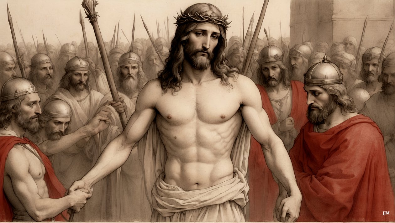 Jezus wyśmiewany i pobity przez rzymskich żołnierzy_01 autorstwa Josef Johann Michel