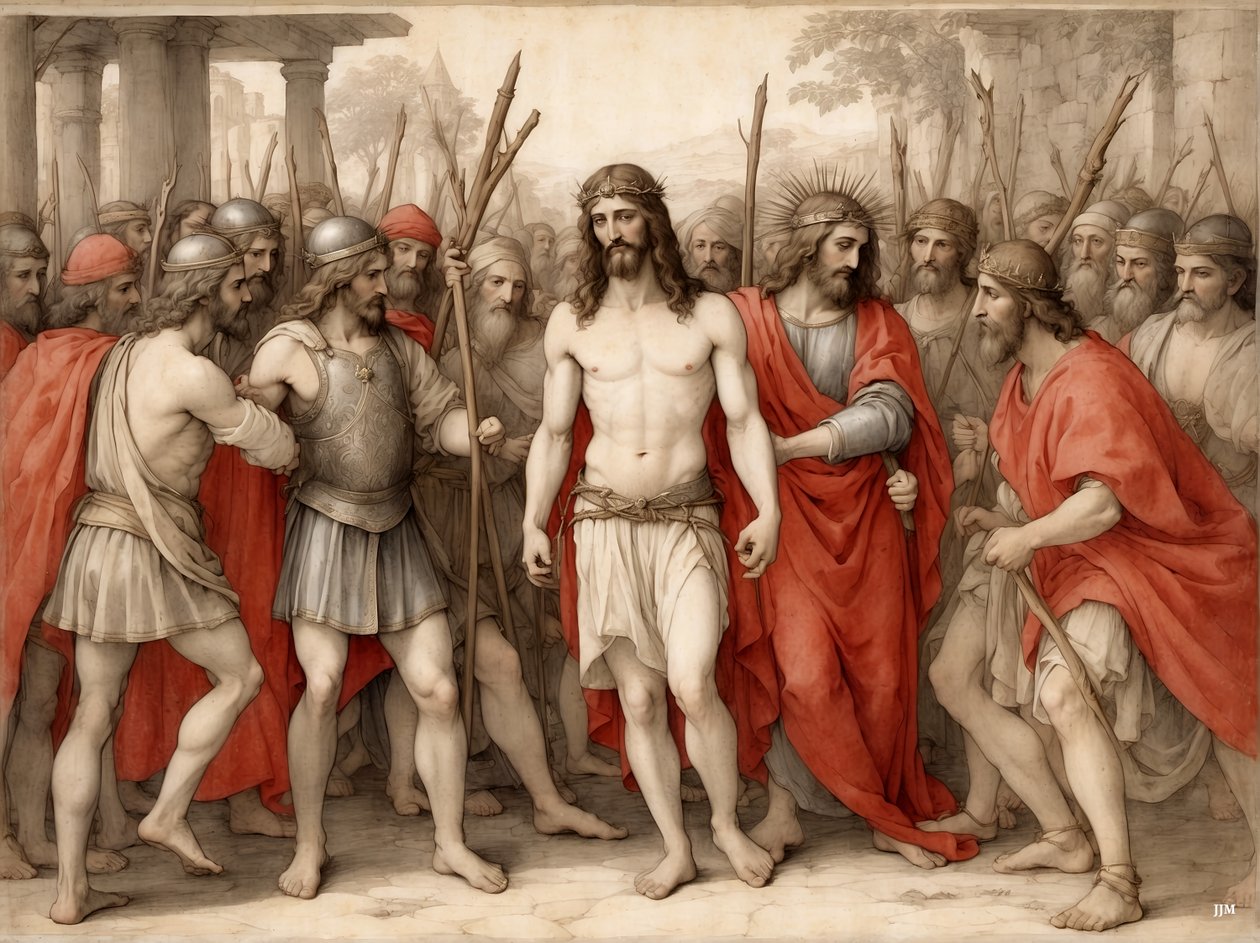 Jezus wyśmiewany i pobity przez rzymskich żołnierzy_02 autorstwa Josef Johann Michel