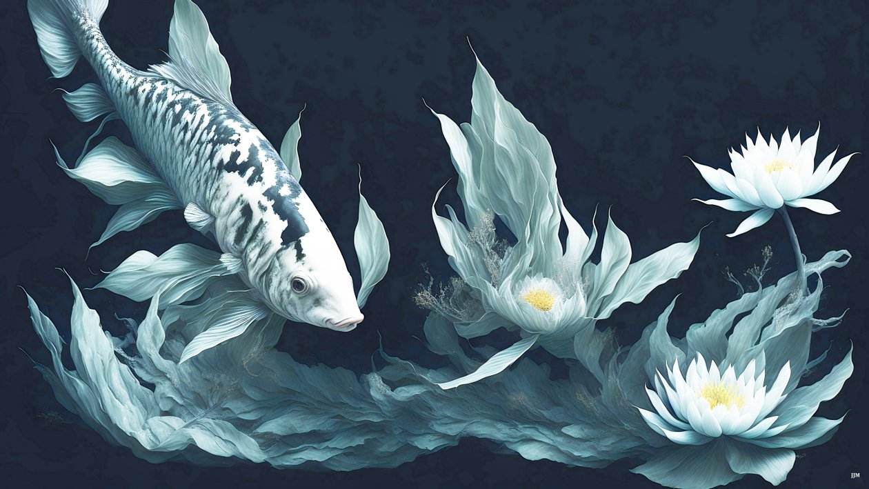 malowanie tuszem: Koi-Karpfish_biały marmur_03 autorstwa Josef Johann Michel