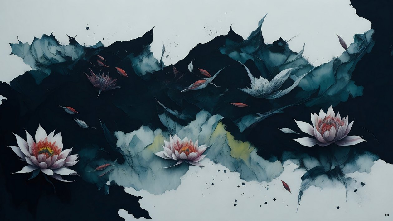 malowanie tuszem: waterlili-black_02 autorstwa Josef Johann Michel