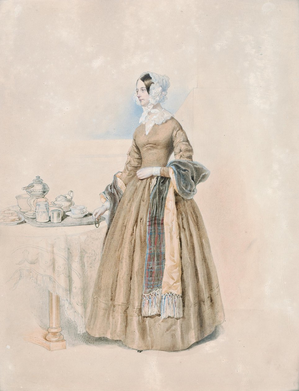 Portret księżniczki Leopoldine Karoline Palffy, z domu hrabiny Kaunitz-Rietberg (żony trzeciego księcia Antona Karla Palffy), stojącej przy nakrytym stoliku do herbaty autorstwa Josef Kriehuber