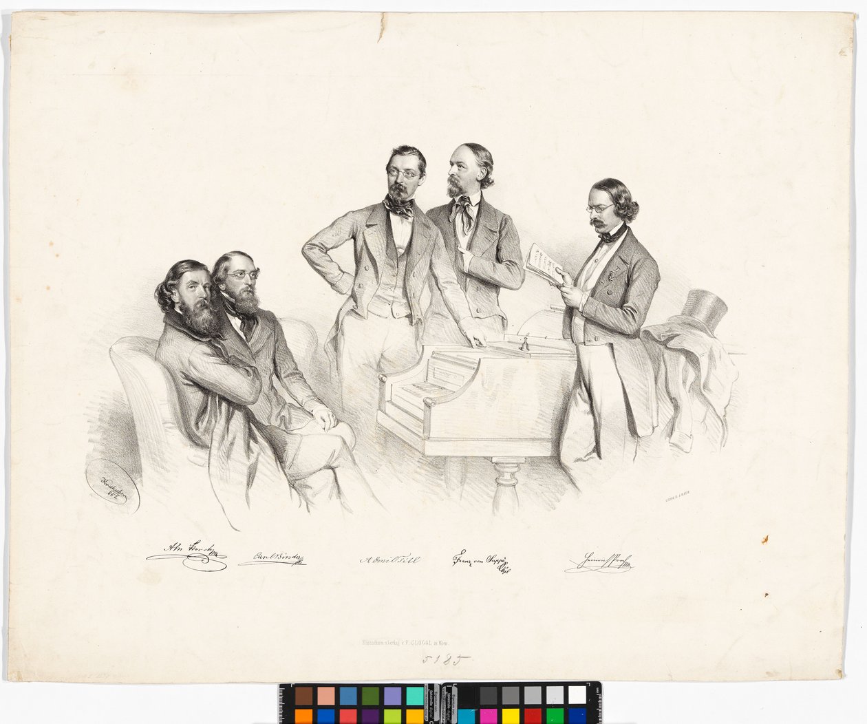 Portret grupowy: Anton Storch, Carl Binder, Anton Emil Titl, Franz von Suppé, Heinrich Proch autorstwa Josef Kriehuber