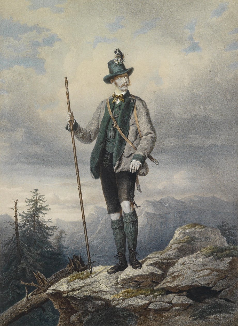 Portret młodego cesarza w stroju myśliwskim Ischl, kolorowa litografia Kriehubera, 67 x 49 cm autorstwa Josef Kriehuber