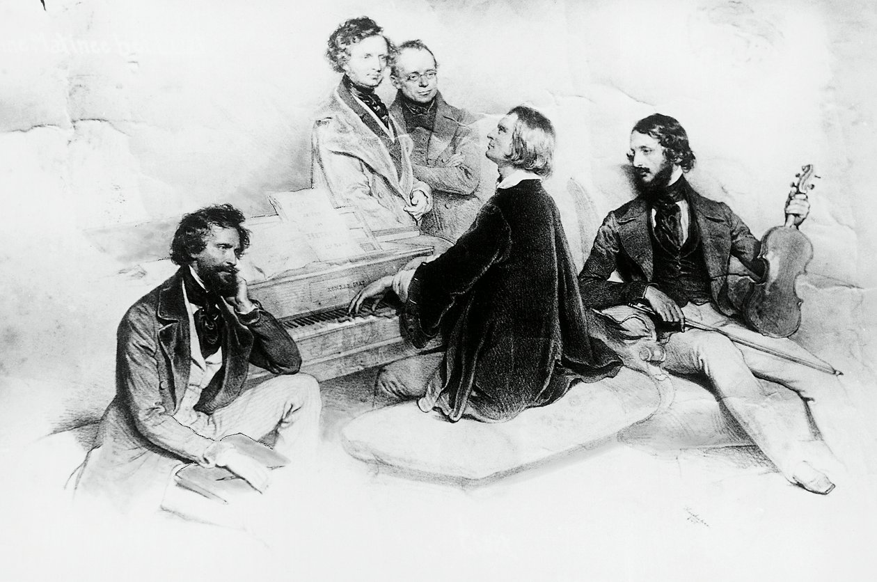 Poranek w domu Liszta, od lewej do prawej, Kriehuber, kompozytor Hector Berlioz (1803-1869), Carl Czerny (1791-1857) Nauczyciel Liszta, Franz Liszt (1811-1866) i skrzypek Heinrich Wilhelm Ernst (1840-1865), Litografia autorstwa Josefa Kriehubera (1800-1876 autorstwa Josef Nikolaus Kriehuber