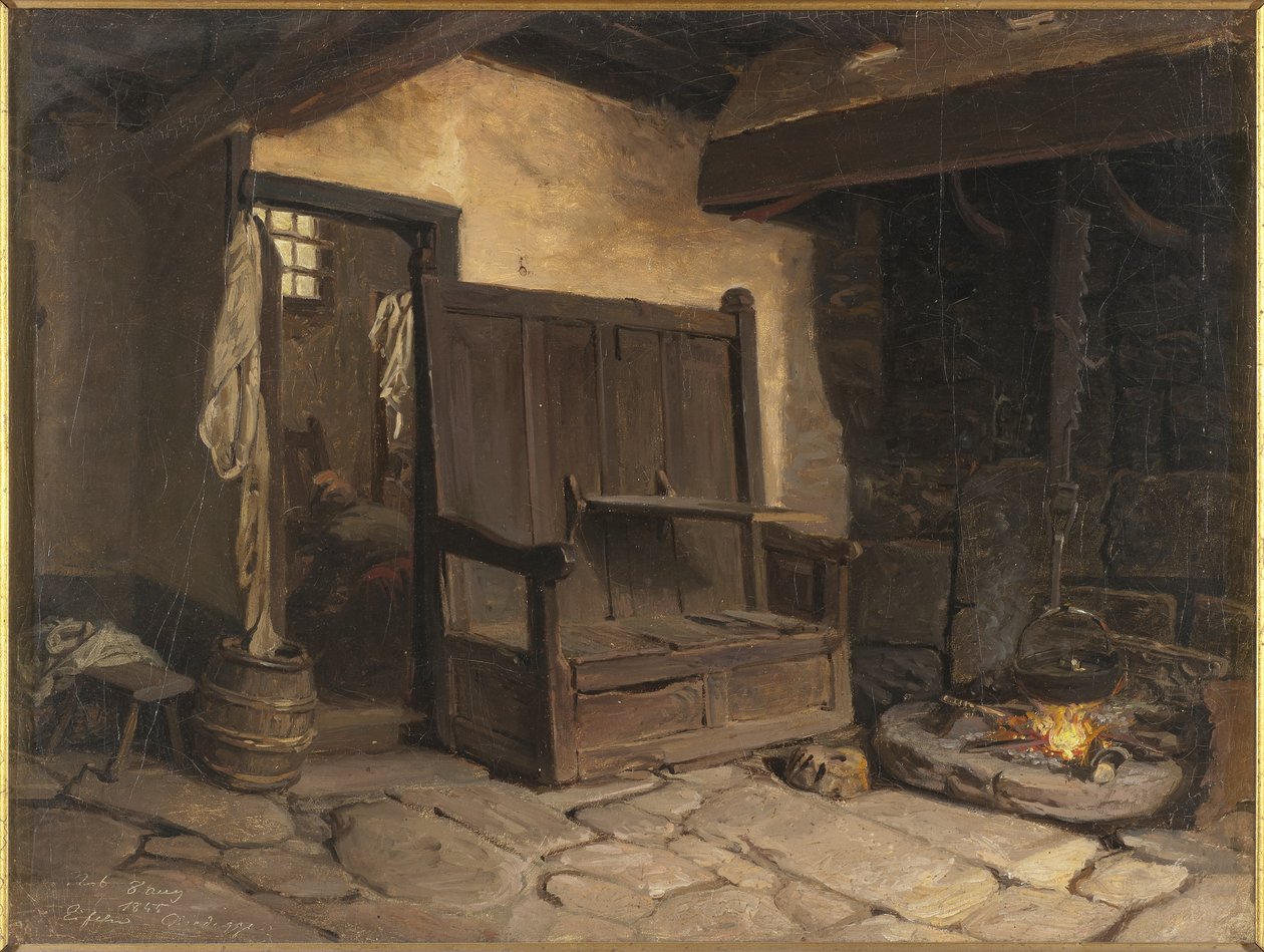 Wnętrze chaty (olej na papierze nałożony na masonit) autorstwa Josef Wilhelm Wallander