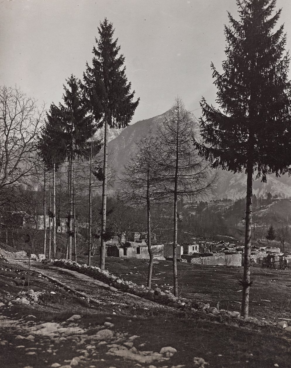 Album "Moja wojna światowa - wspomnienia frontu południowo-zachodniego w Karyntii, Włochy, Trentino-Alto Adige) 31.03.1915-12.11.1918 - Wiedeń Josefa Zohlego": gruzy Plicznej (b/w fot. autorstwa Josef Zohles