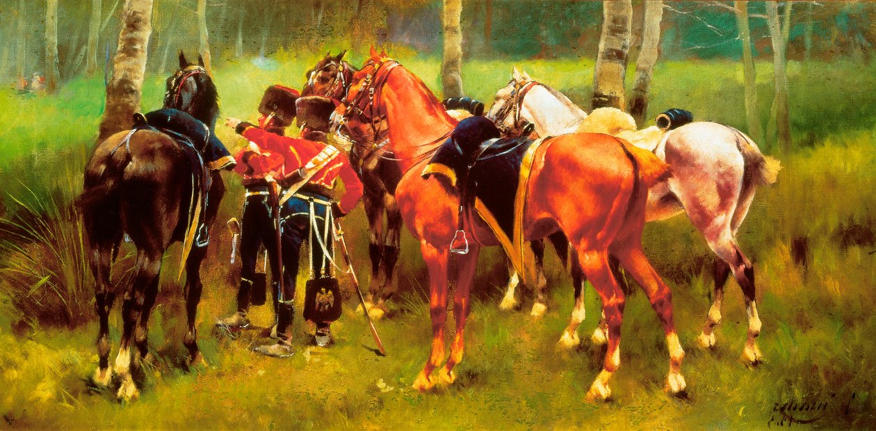 „Grupa huzarów i koni w lesie” Obraz Josepa Cusachsa i Cusachsa (1851-1908). 1905. autorstwa Josep Cusachs y Cusachs