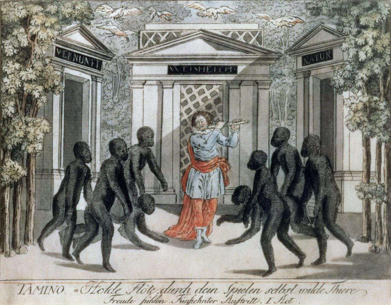 Tamino gra na magicznym flecie, by odpędzić dzikie bestie, Akt I, scena xv, z „Czarodziejskiego fletu” Wolfganga Amadeusza Mozarta (1756-91), ok. 1793 autorstwa Joseph and Peter Schaffer
