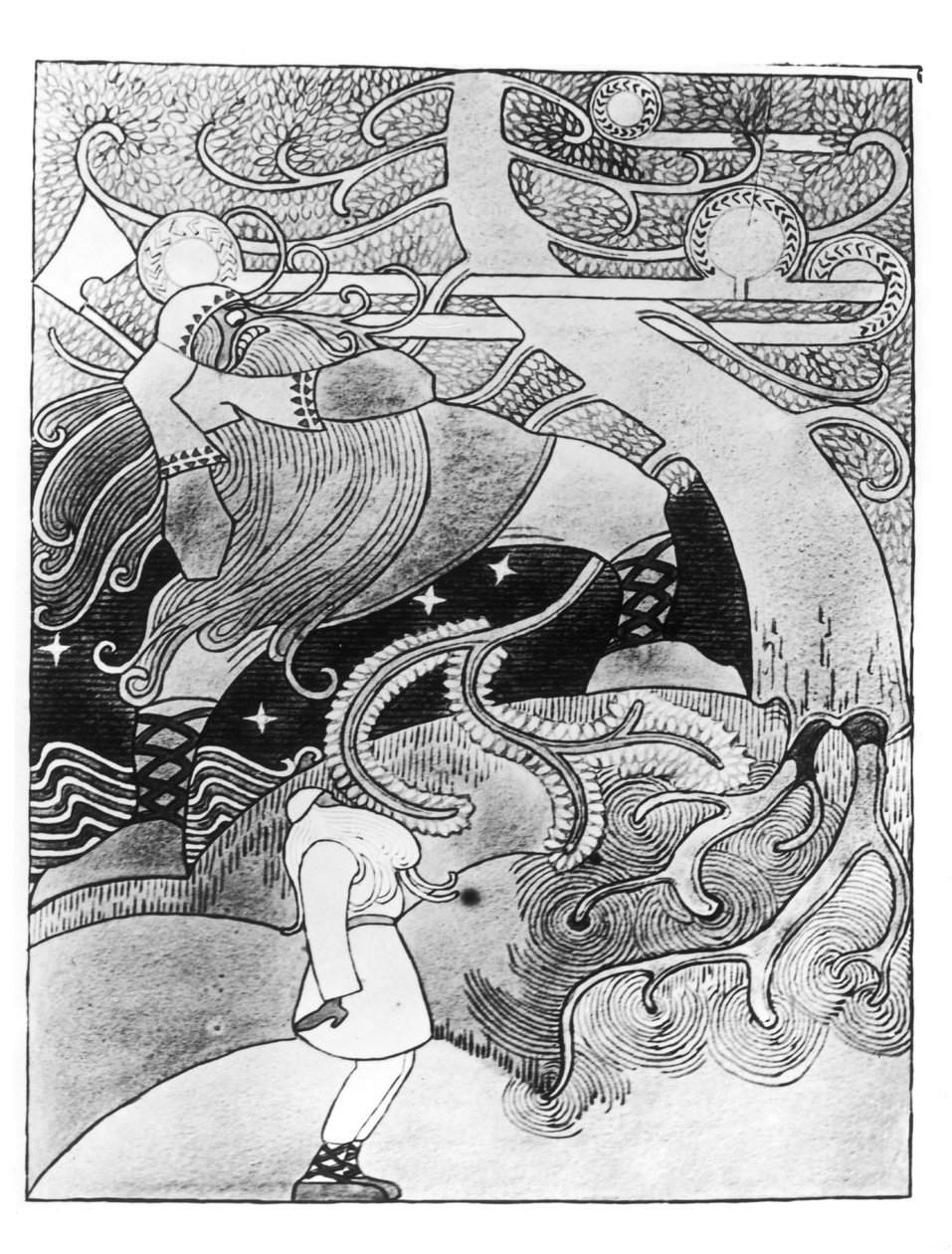 Ogromny dąb jest ścięty, ilustracja z „Kalevala” skompilowana i zredagowana przez Eliasa Lonnrota (1802-84) autorstwa Joseph Alanen