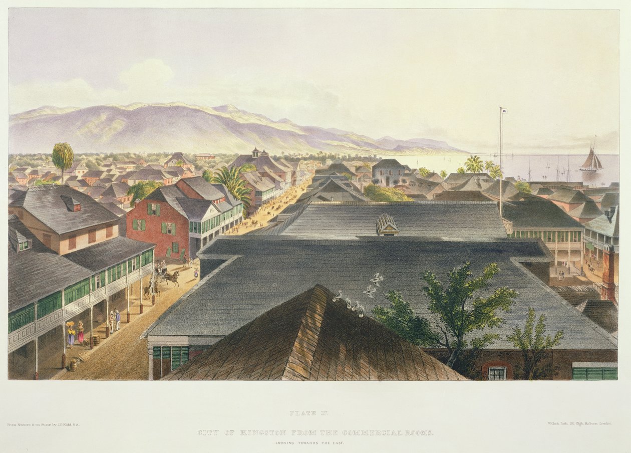 Miasto Kingston z Commercial Rooms, Patrząc na Wschód, tablica 17 z „West Indian Scenery: Illustrations of Jamaica”, rytego przez artystę, wyd. 1838-40 autorstwa Joseph Bartholomew Kidd