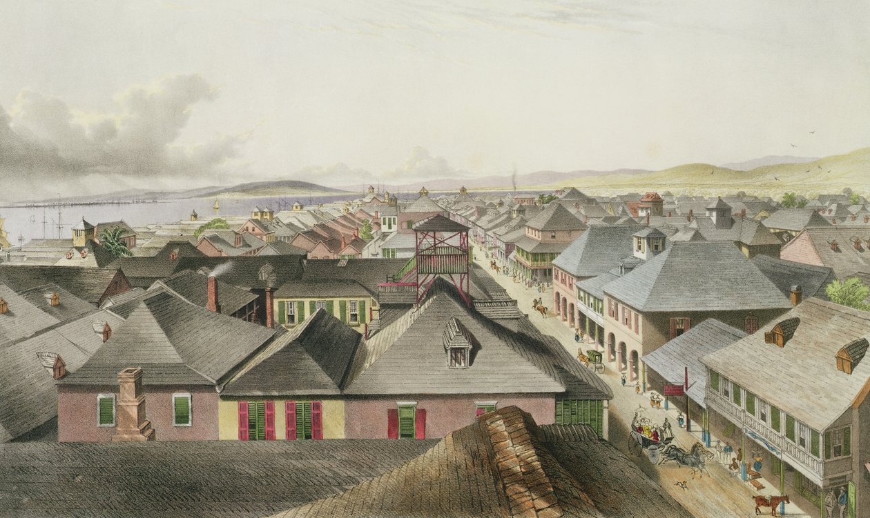 City of Kingston from the Commercial Rooms, Looking Towards the West, tablica 20 z "West Indian Scenery: Illustrations of Jamaica", rytowane przez artystę, pub. 1838-40 autorstwa Joseph Bartholomew Kidd