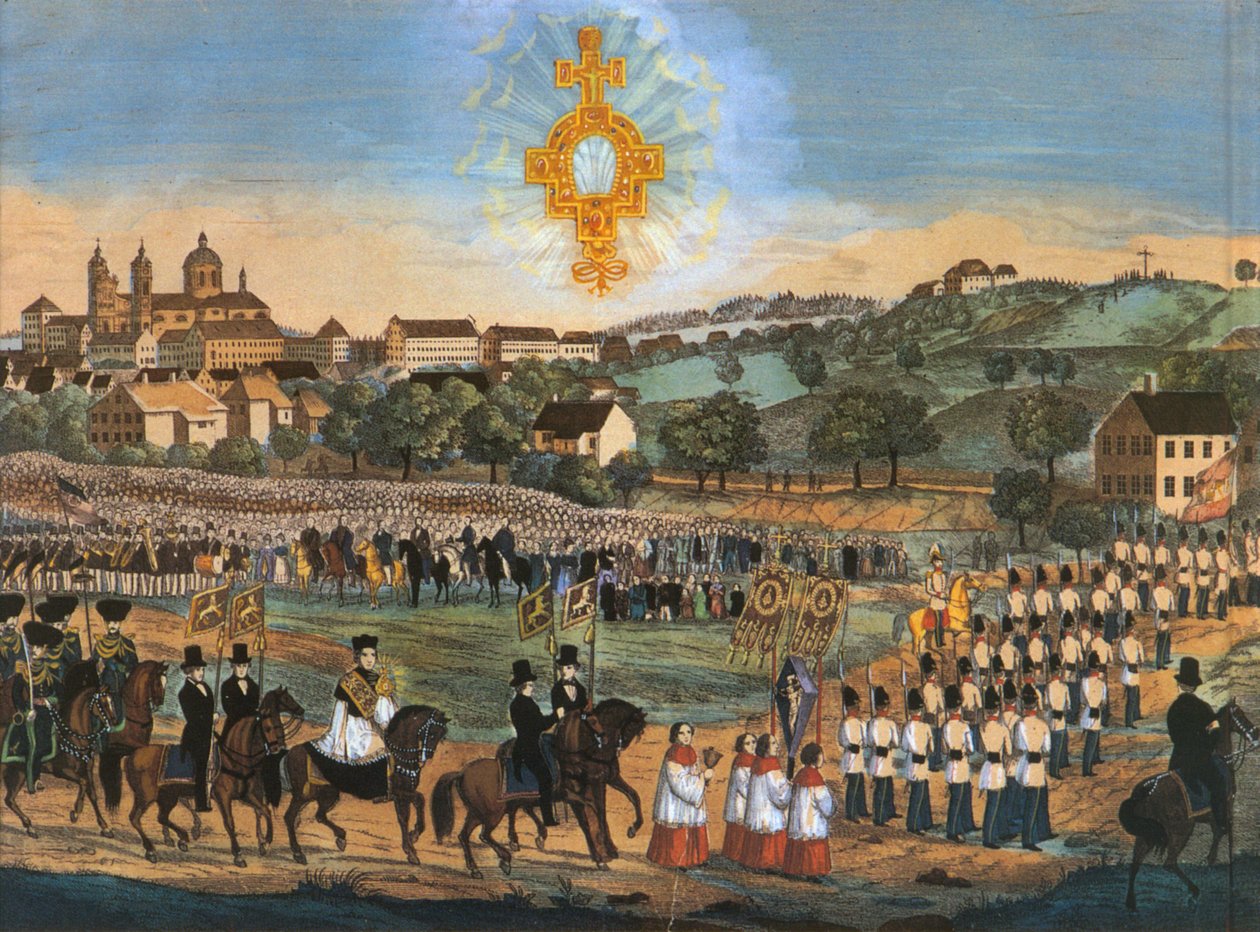 Altdorf-Weingarten, Procesja Świętej Krwi w 1849 r. lub w latach następnych; litografia kolorowa, wariant z relikwią Krwi Świętej w niebie autorstwa Joseph Bayer