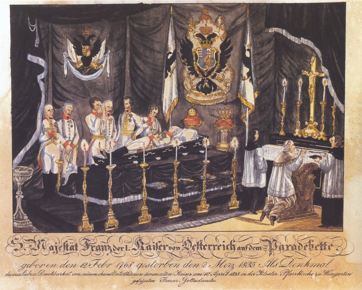 S. Majesty Franz I, Cesarz Austrii na łożu paradnym, litografia kolorowa, 1835 autorstwa Joseph Bayer