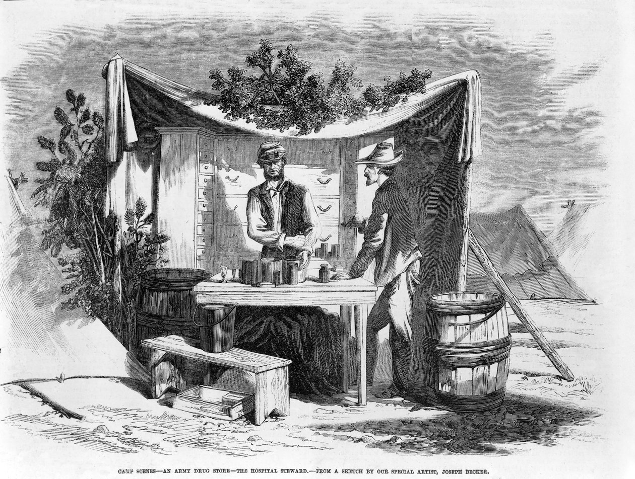 Sceny obozowe - apteka wojskowa - steward szpitalny, pub. 1864 autorstwa Joseph Becker