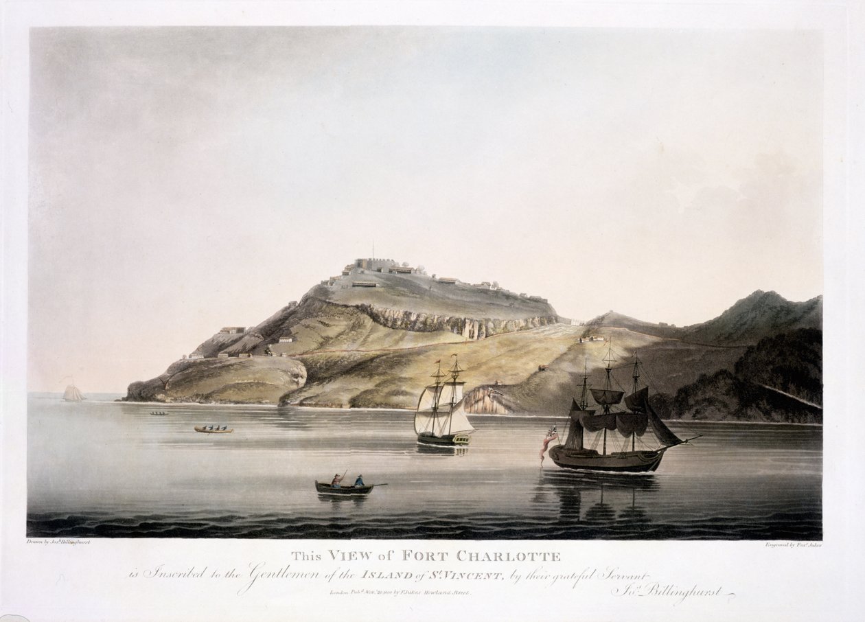 Widok Fortu Charlotte na wyspie St. Vincent, wyryty i wydany przez Francisa Jukesa (1747-1812), 1800 (akwatinta barwna) autorstwa Joseph Billinghurst