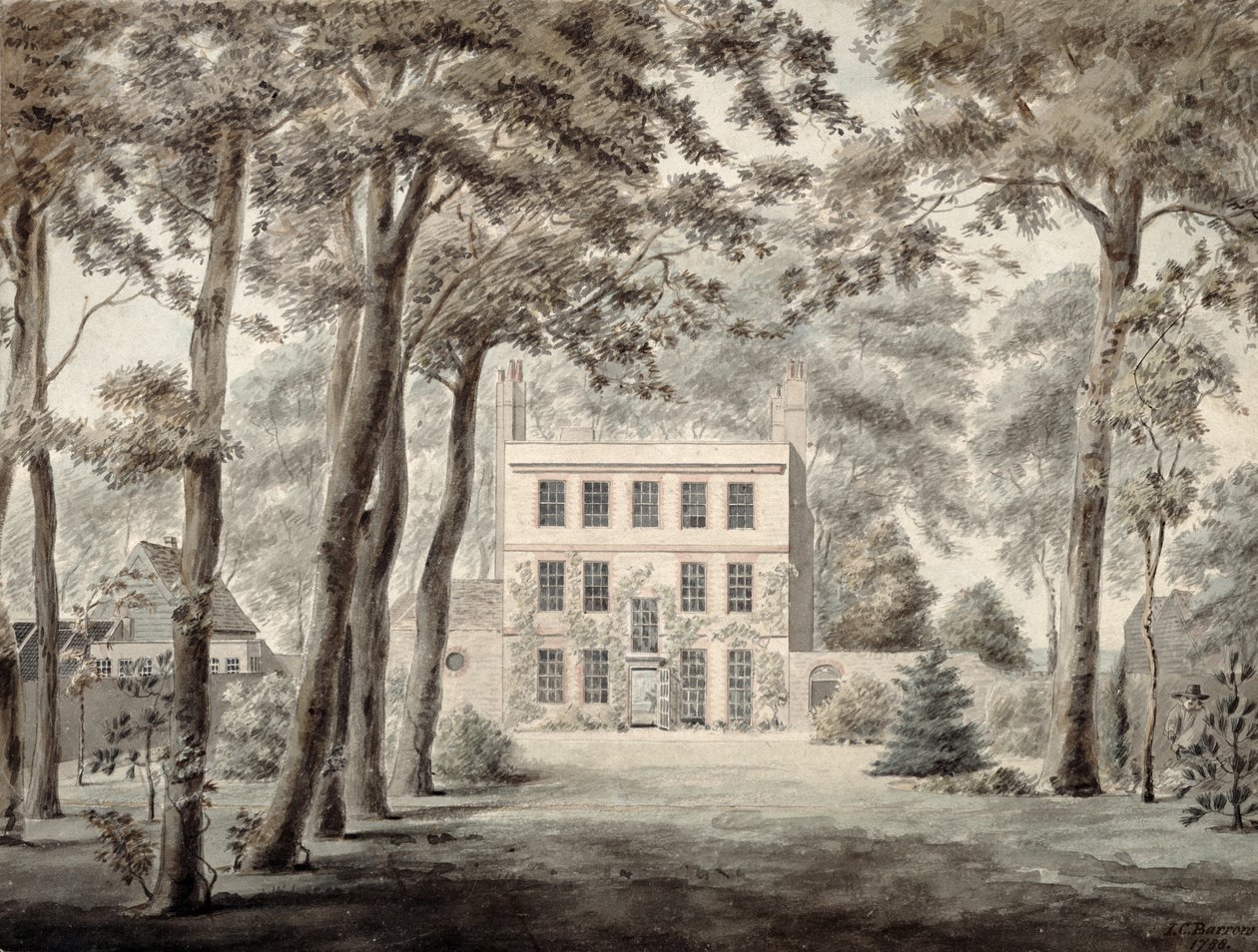 Ogrodnik pracujący na terenie eleganckiego wiejskiego domu, 1788 (ołówek, tusz i wc) autorstwa Joseph Charles Barrow