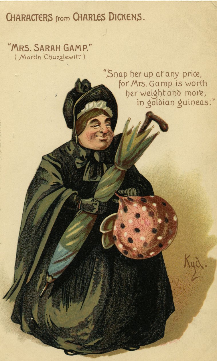 Postacie z Charlesa Dickensa - Pani Sarah Gamp z Martina Chuzzlewita, pocztówka, ok. 1903 autorstwa Joseph Clayton Clarke