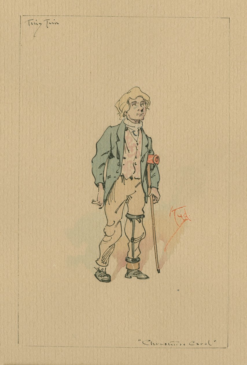 Tiny Tim - Opowieść wigilijna, ok. 1920 (pióro i atrament z toaletą na papierze) autorstwa Joseph Clayton Clarke