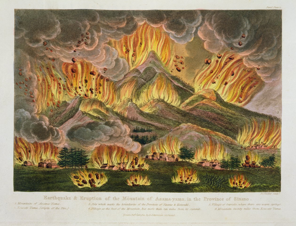 Trzęsienie ziemi i wybuch góry Asama-yama w prowincji Sinano, z „Ilustracji Japonii” Isaaca Titsingha (ok. 1740-1812) opublikowanej w Londynie, 1822 autorstwa Joseph Constantine Stadler