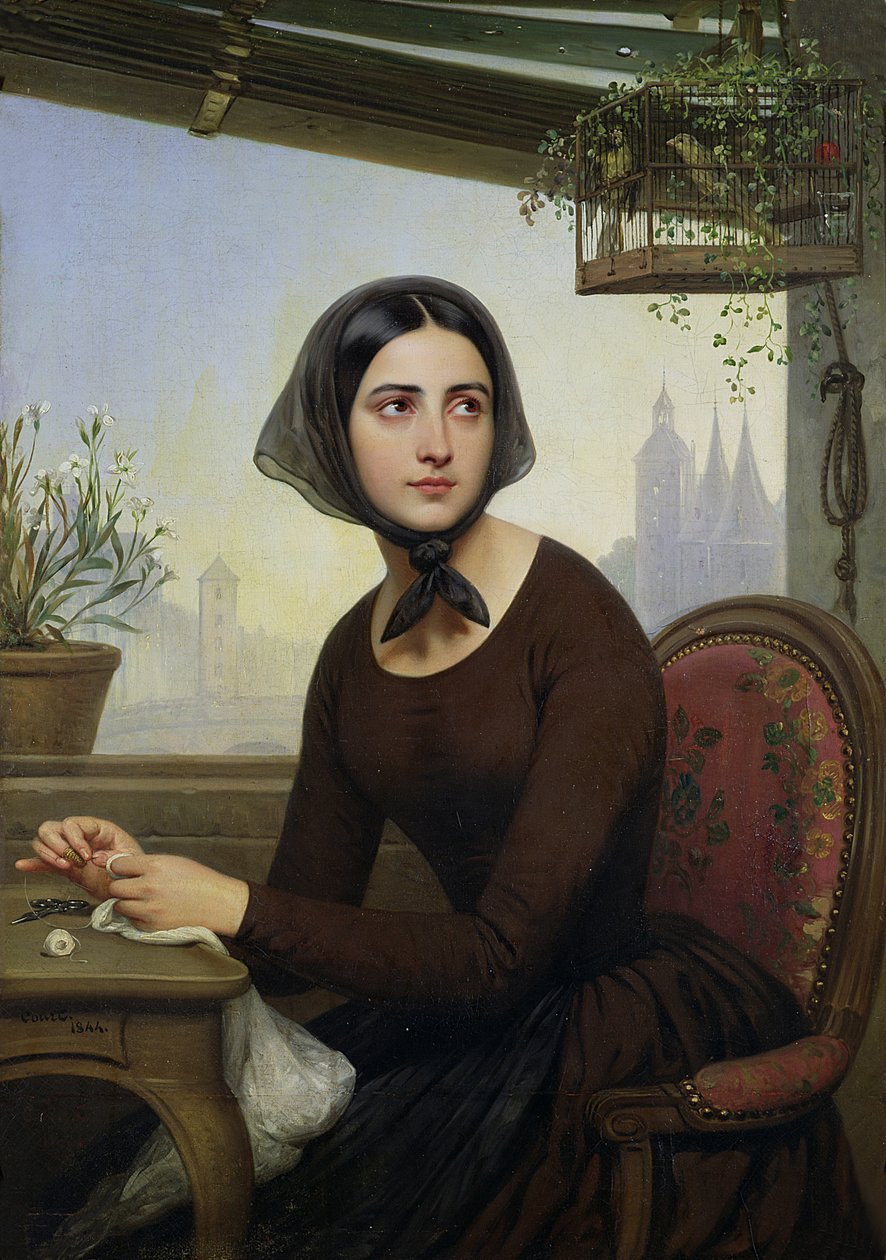 Rigolette próbuje odwrócić uwagę podczas nieobecności Germaina, 1844 autorstwa Joseph Desire Court