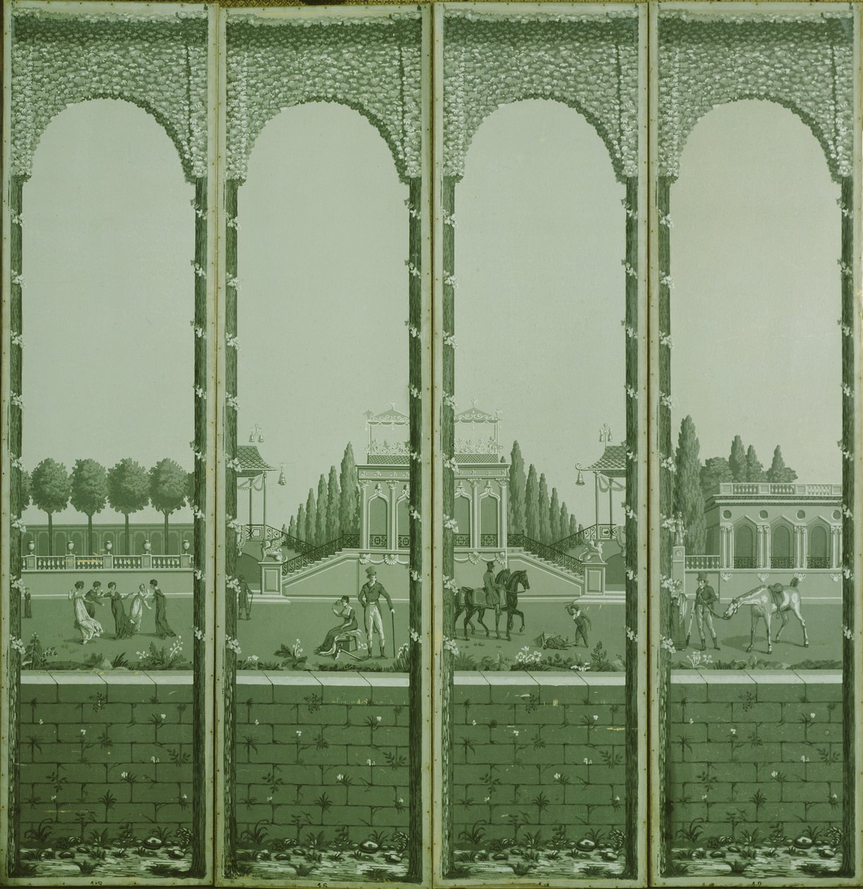 Monochromatyczny czteropłytowy ekran z nadrukiem blokowym, przedstawiający postacie w ozdobnym ogrodzie (tapeta) autorstwa Joseph Dufour
