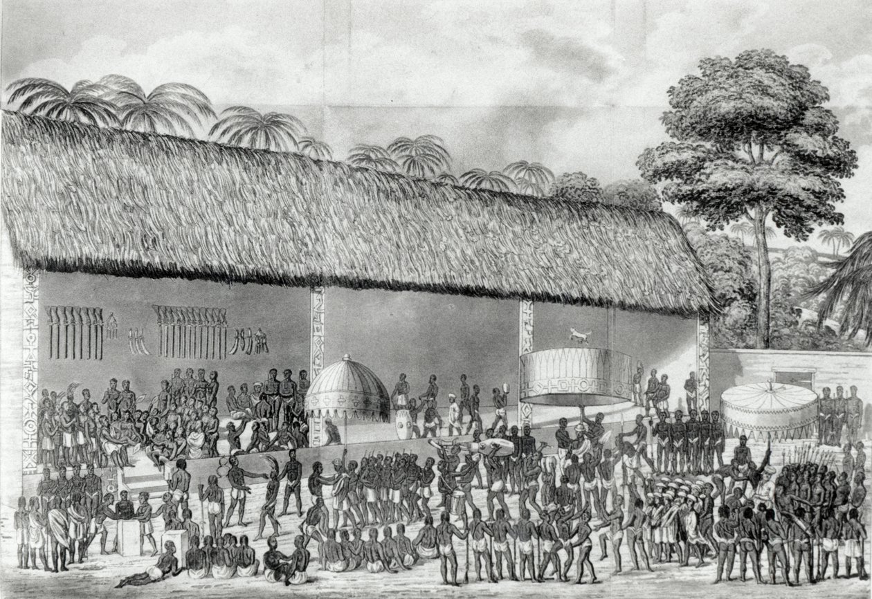 Święto religijne Adai na dworze króla Aszanti w marcu 1820 r., z „Dziennika rezydencji w Aszantee” Dupuis, opublikowanej w 1824 r. autorstwa Joseph Dupuis