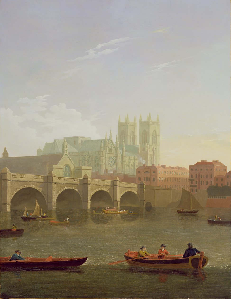 Opactwo Westminsterskie i Most Westminsterski widziane z południa, 1794 r. autorstwa Joseph Farington