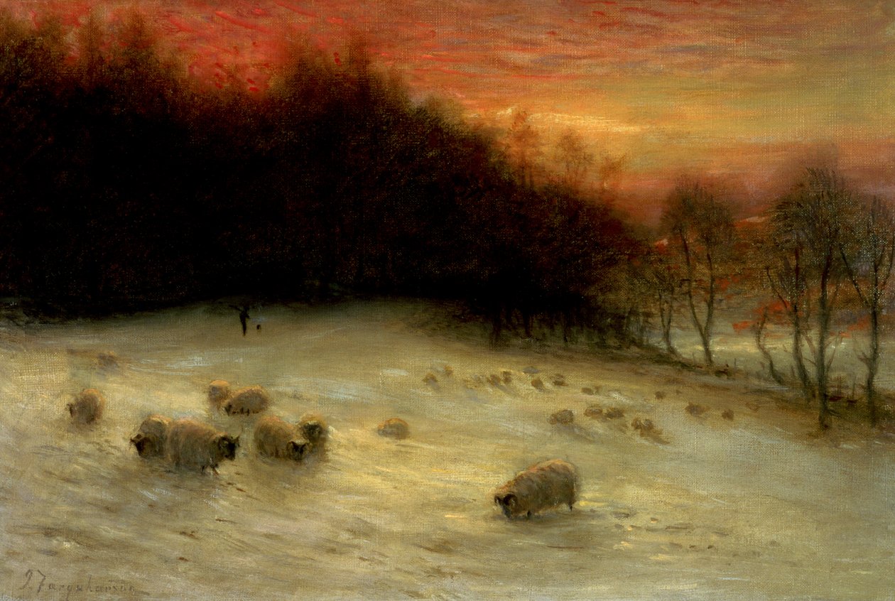 Owce w zimowym krajobrazie, wieczór autorstwa Joseph Farquharson