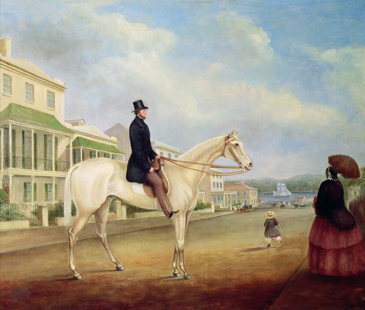 Jeździec na białym koniu, prawdopodobnie na Macquarie Street North, ok.1850 autorstwa Joseph Fowles