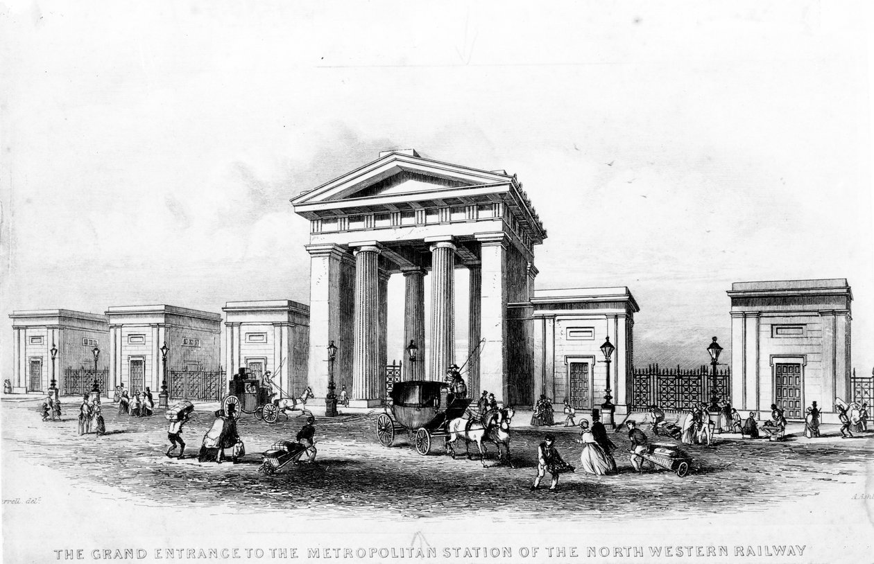 Wielkie wejście do Metropolitan Station Kolei Północno-Zachodniej, grawerowane przez Alfreda Ashleya, c.1837 autorstwa Joseph Francis Burrel