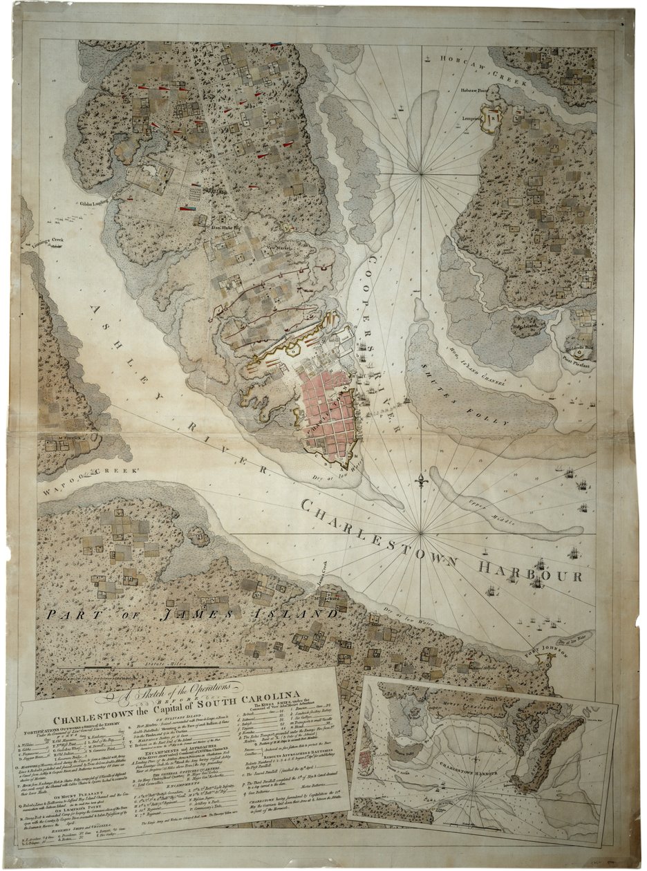 Szkic działań przed Charlestown, stolicą Karoliny Południowej, ok. 1780 r. autorstwa Joseph Frederick Wallet DesBarres